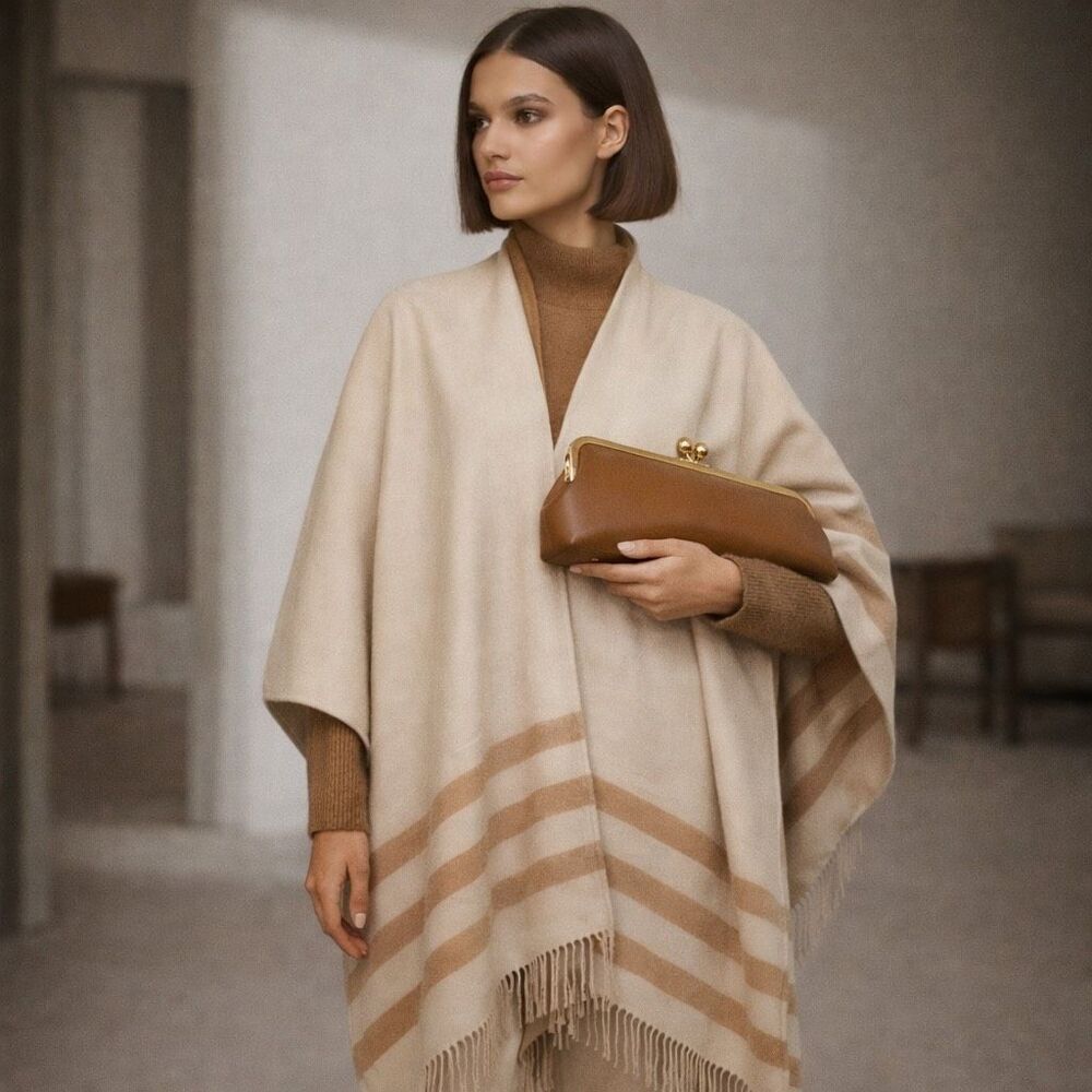 Talbots Reversible Neutral Beige Doubleface Face Wool  Cape Wrap Ruana, NWT